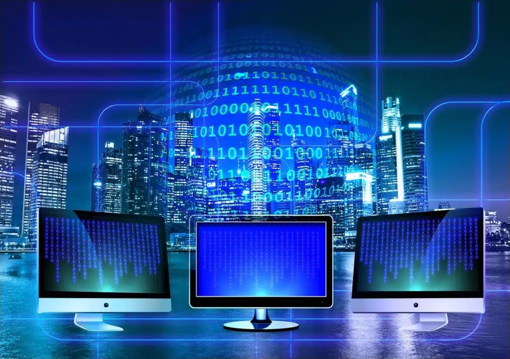 Vue d'un réseau informatique, avec un fond de données numériques