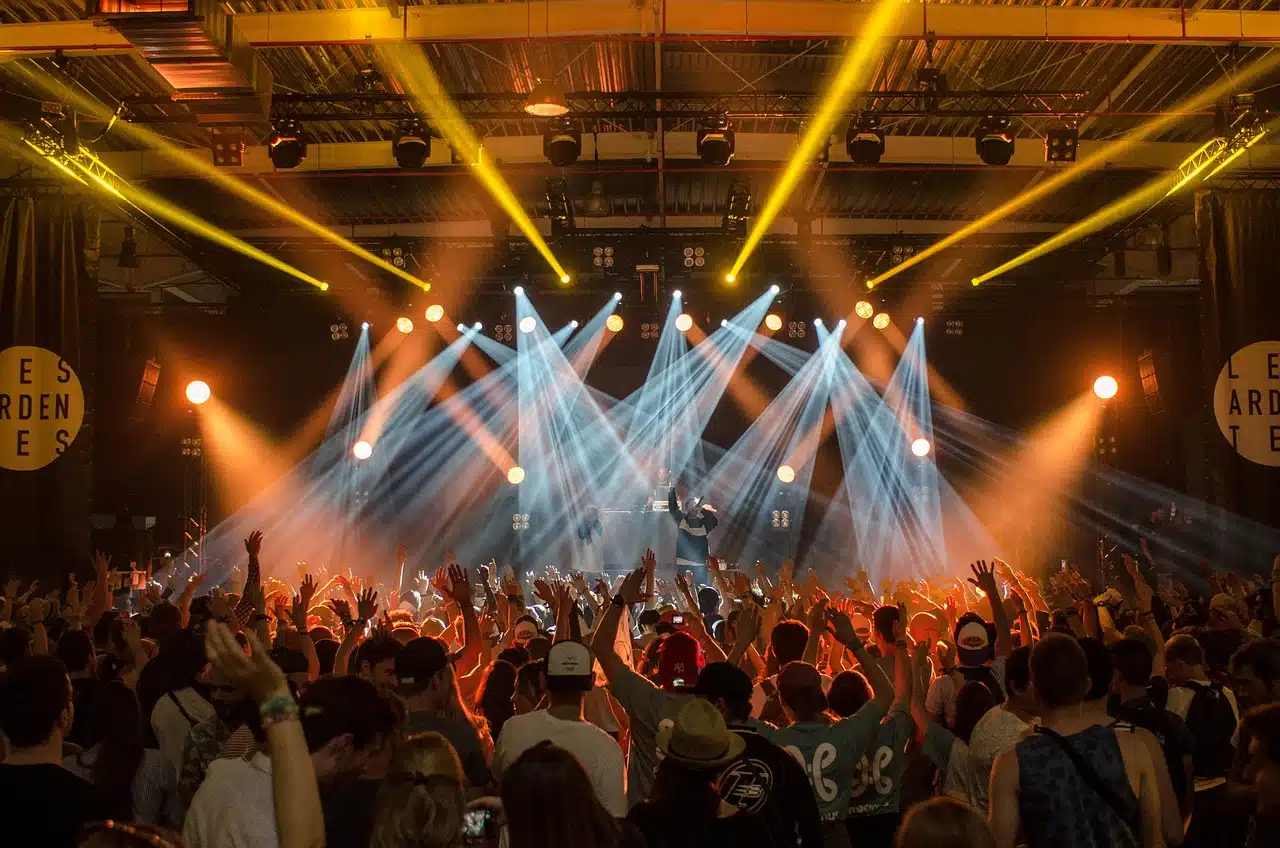Concert live avec une foule en fête sous les projecteurs