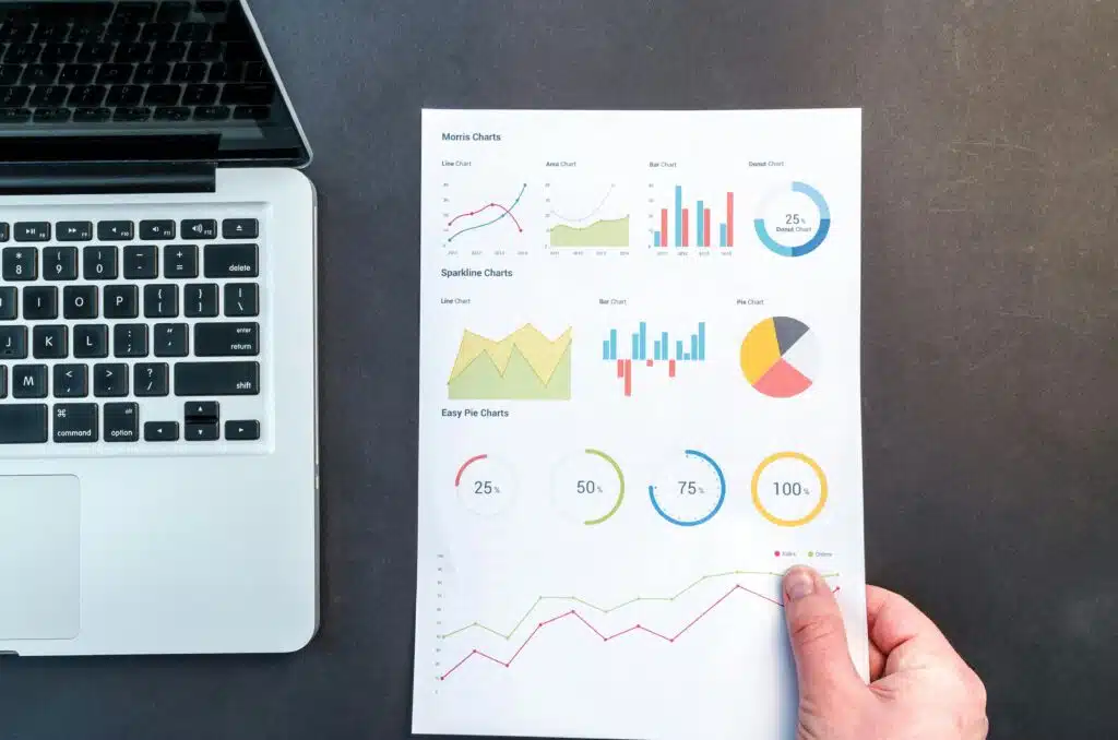 Rapport marketing imprimé avec des graphiques et des chiffres