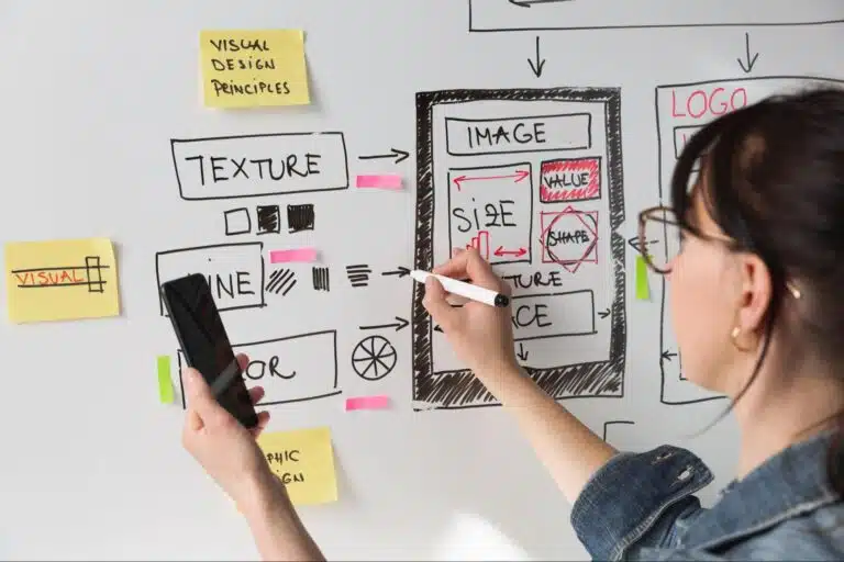 Personne dessinant un schéma de design UX/UI sur tableau blanc.